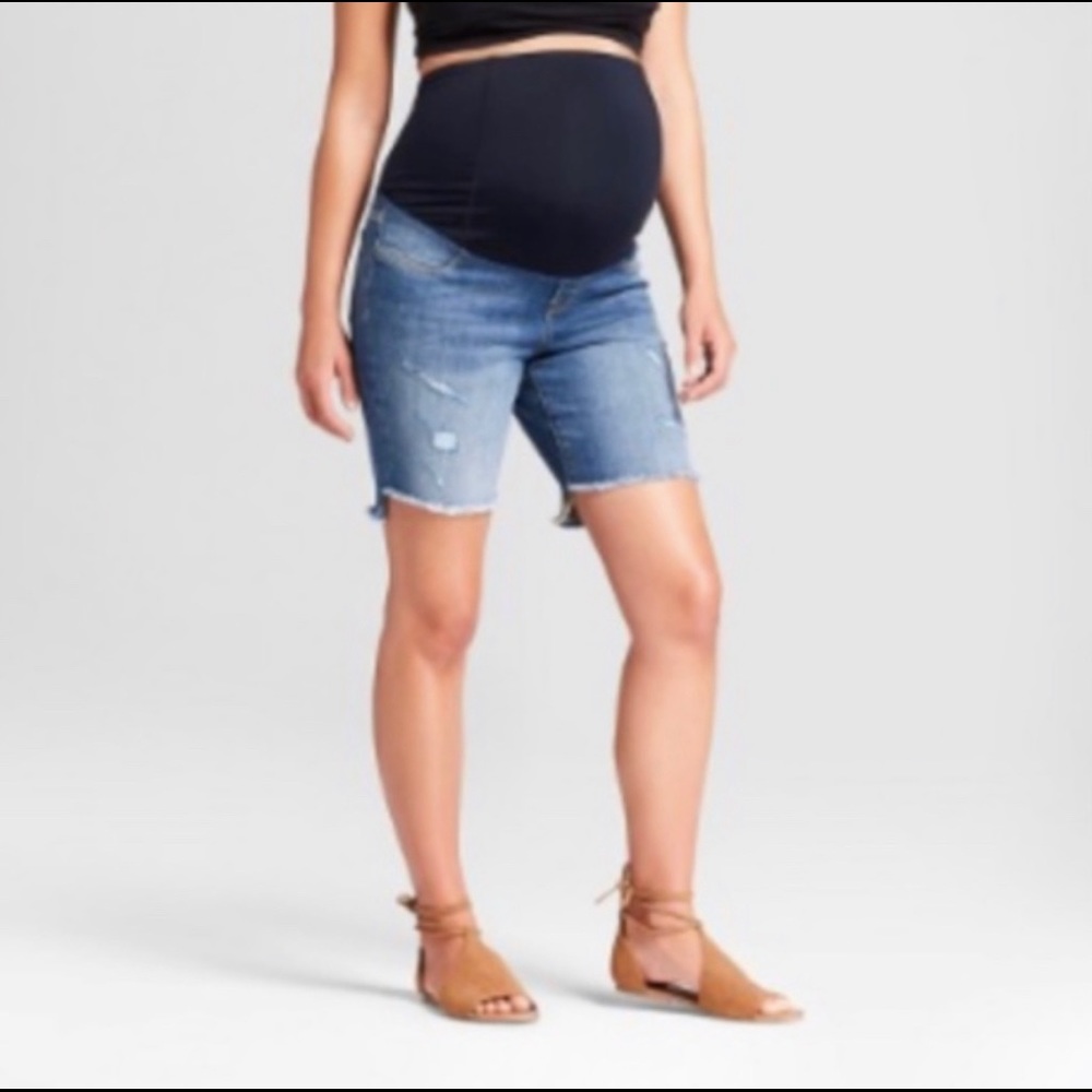Maternity Crossover Panel Bermuda Jean Shorts blue
